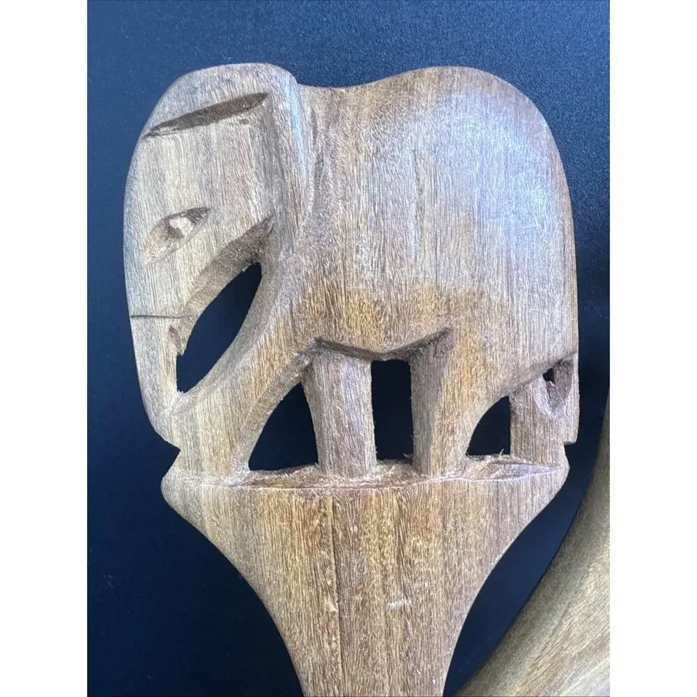 Vintage Hand Carved Wooden Elephant Salad Serving Spoon Fork Set Wood